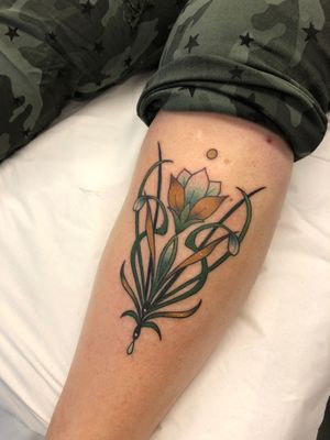 Elegant art nouveau and art deco inspired flower tattoo in neo-traditional style by talented artist Elena Mameri.
