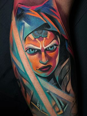 Capture the spirit of Ahsoka from Star Wars with this beautiful watercolor illustrative tattoo by Cloto.tattoos.