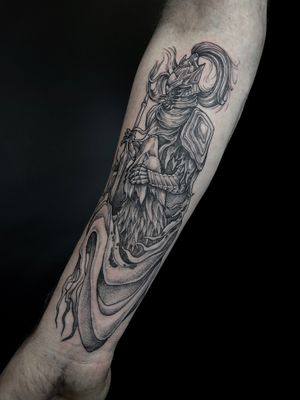 Unique dotwork style tattoo featuring a reaper and knight design by artist Kat Jennings.
