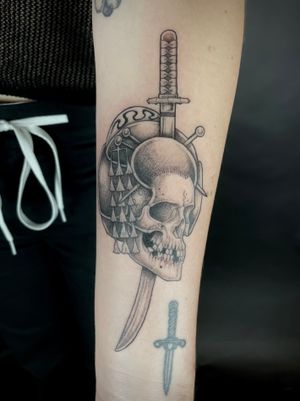 Unique dotwork tattoo by Kat Jennings featuring a skull and katana sword in an illustrative style.