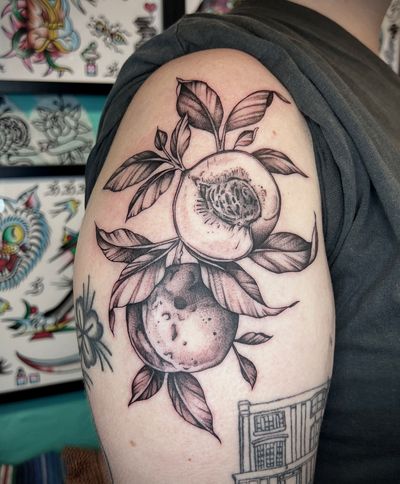 Get a juicy and vibrant peach tattoo done in a beautiful illustrative style by the talented artist Hannah Senoj.