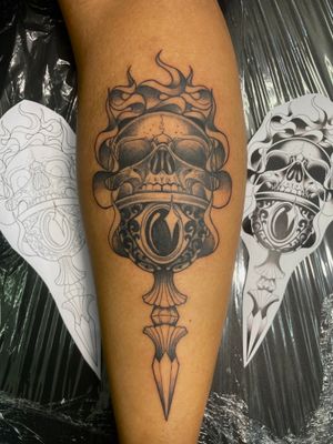 Unique dotwork style tattoo featuring a skull holding a scepter, created by the talented artist Kat Jennings.