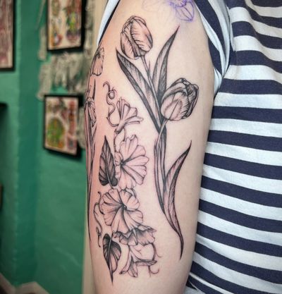 Tulips ; ongoing half sleeve - excited to finish this off! 🌷
