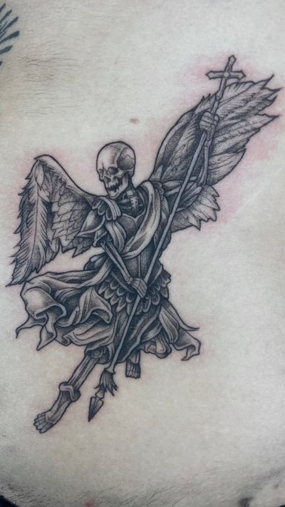 Witness the battle between life and death in this detailed dotwork piece by the talented Kat Jennings. Featuring a reaper, angel, and skeleton motifs.