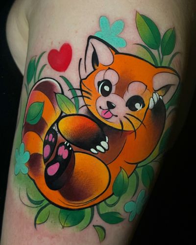 Get a vibrant watercolor tattoo of a kawaii red panda inspired by the Firefox logo, by Cloto.tattoos.