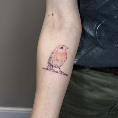 Elegant and intricate fine line illustrative tattoo of a beautiful bird by the talented artist Tas Kal.