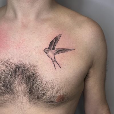 Get a beautifully intricate dotwork swallow tattoo by renowned artist Tas Kal. Illustrative style for a timeless look.