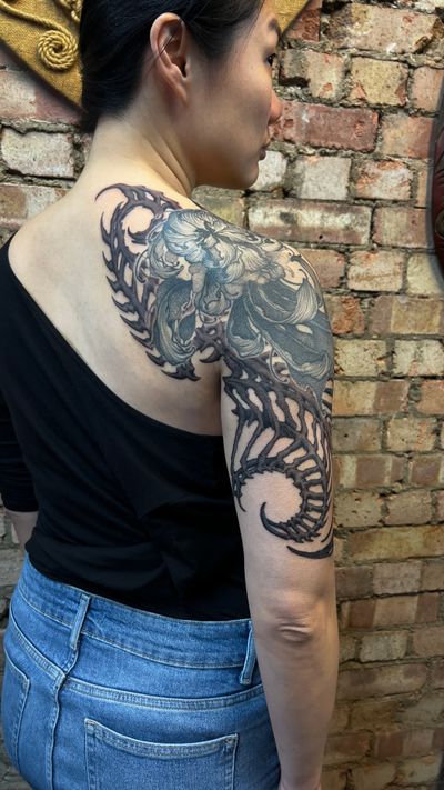 Unique blackwork and dotwork tattoo design featuring abstract elements by artist Misa.