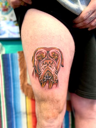 Capture the love for your pet with this beautifully detailed illustrative dog tattoo designed by River Tatts.