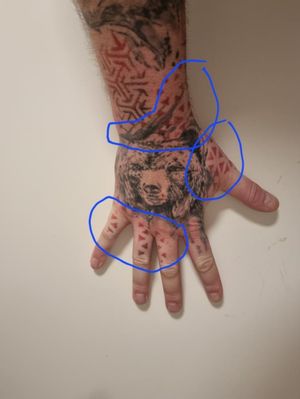 Hello I want to have a cover up. I want the cover up on the circled areas . I also want it to run black on my fingers. 