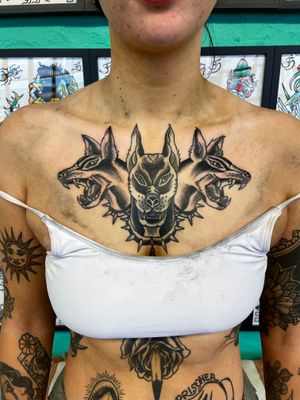 Traditional Black and grey Three dog chest piece