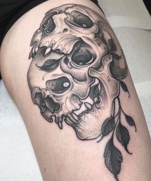 Get a unique dotwork illustrative skull tattoo done by the talented artist Claudia Smith for a bold and intricate design.