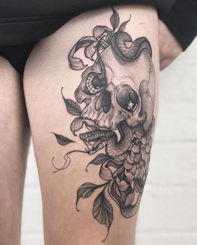 Experience the beauty of dotwork illustration with this stunning snake, chrysanthemum, and skull design by talented artist Claudia Smith.