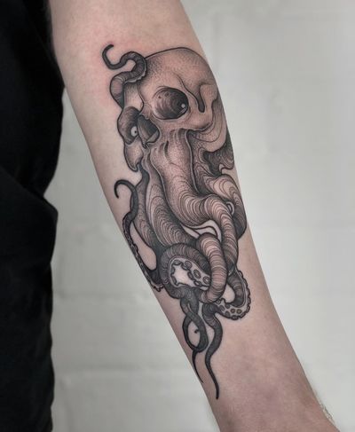 Get a dark and intricate dotwork tattoo of a skull intertwined with the legendary creature Cthulhu, expertly crafted by Claudia Smith.