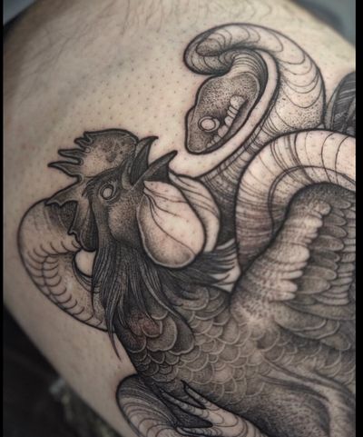 Exquisite dotwork tattoo featuring a snake and rooster design by Claudia Smith. Detailed and intricate illustrative style.