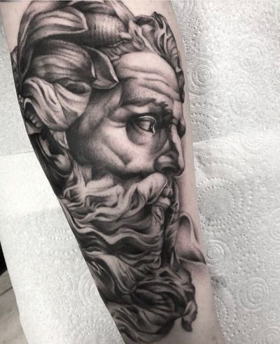 Capture the powerful presence of Poseidon and Zeus in stunning black and gray realism by artist Sam Waiting.