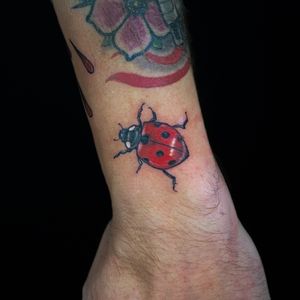 Admire the stunning detail of this colorful ladybug tattoo by Jethro Wood. Capturing the beauty of nature in vivid hues.