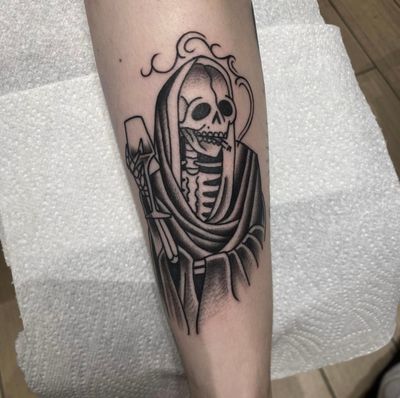 Capture the solemn and mysterious allure of the Grim Reaper with this traditional tattoo by the talented artist Sam Waiting.