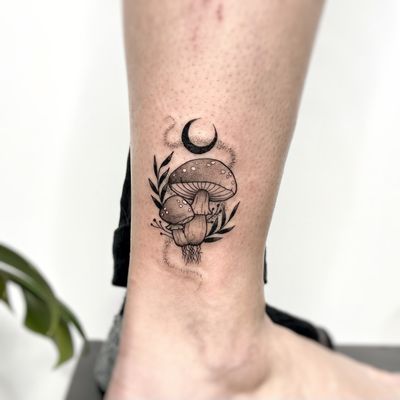 Elegant dotwork and fine line illustration by Michelle Harrison featuring a moon and mushroom motif.