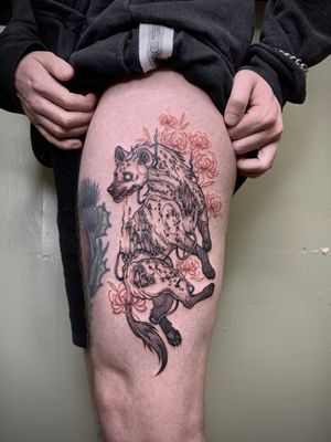 Custom decaying hyena demon with red spider lilies thigh piece