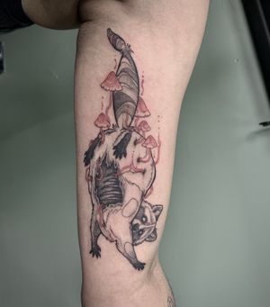Custom illustrative decaying raccoon with red mushrooms on inner arm