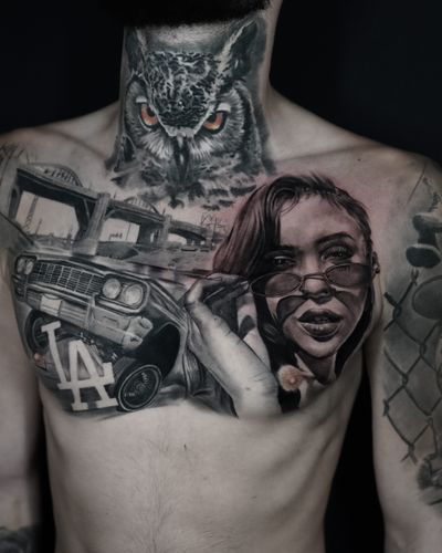 Intricate black and gray realism tattoo featuring an owl, woman, and low rider car, done by skilled artist Milan Boros.