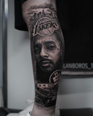 Chicano black and gray realism tattoo by Milan Boros showcasing iconic Los Angeles imagery inspired by the artist The Game.