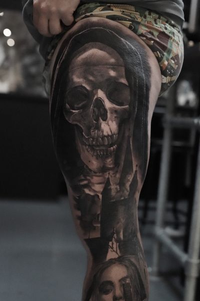 Embrace the dark side with this hauntingly realistic black and gray piece by Milan Boros.