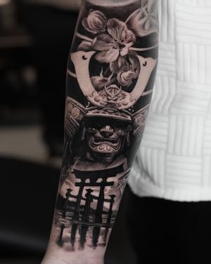 Get a stunning black and gray realism tattoo of a samurai by the talented artist Milan Boros. Bring the ancient warrior to life on your skin!