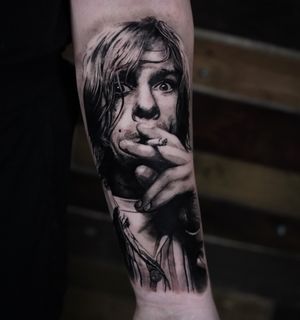 Get a stunning black and gray realism portrait of Kurt Cobain from Nirvana by artist Milan Boros!