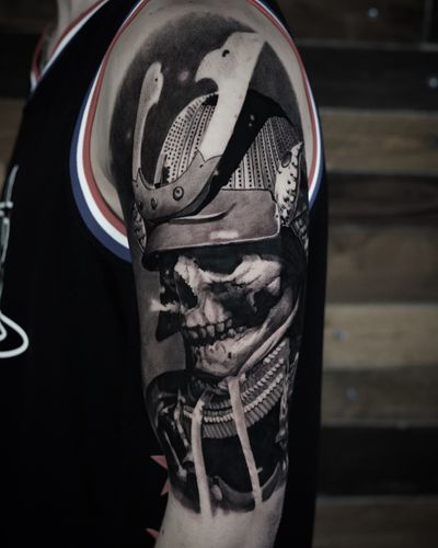 Get a stunning black and gray realism tattoo of a samurai by renowned artist Milan Boros.
