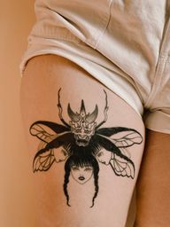 Spooky illustrative japanese Hannya mask, anime girls and beetle