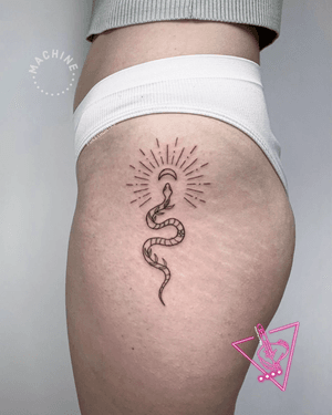 Ornamental Snake & Moon Rays Linework Machine Tattoo by Pokeyhontas at KTREW Tattoo - Birmingham, UK #snake #tattoo #crescentmoon #linework #thightattoo #legtattoo #hiptattoo