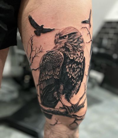 Experience the power of the eagle with this stunning black and gray realism tattoo by Tom Boxell. Perfect for nature lovers and animal enthusiasts.