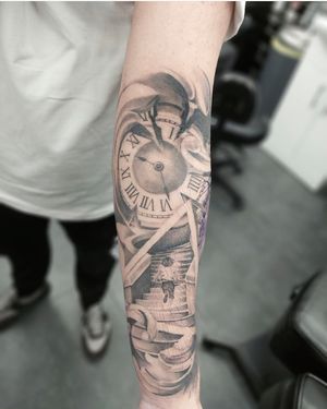 Intricate black and gray tattoo by Tom Boxell featuring a realistic clock and stairway design, symbolizing the eternal journey of time.