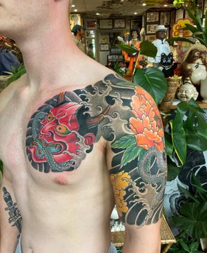 Hannya and snake with waves and peonies 