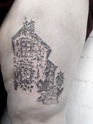 Unique illustrative tattoo showcasing intricate architecture of a house, skillfully designed by artist Emily Bonnet.