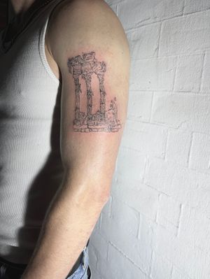 Capture the beauty of ancient ruins with this intricate fine line and illustrative tattoo by Emily Bonnet.
