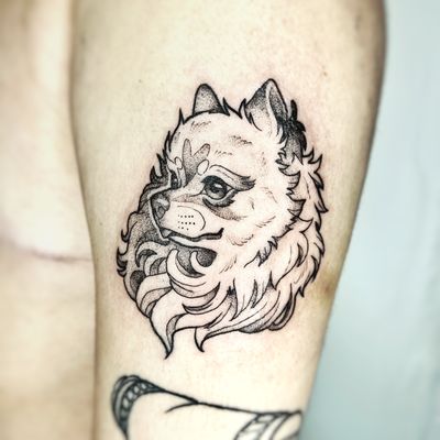 Capture the loyalty and love of your furry friend with this stunning illustrative dog pet tattoo by Michelle Harrison.