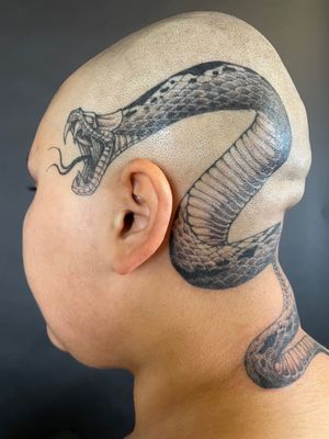 Elegant illustrative snake tattoo by Kat Jennings, showcasing the serpent's grace and allure.