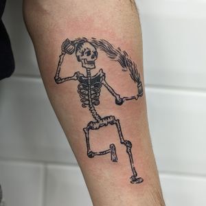 Illustrative woodcut tattoo by Adam McDade, featuring a medieval skeleton motif.