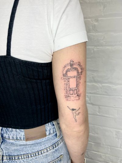 Explore the intricate details of this illustrative door tattoo by Emily Bonnet, combining art and architecture in fine line style.