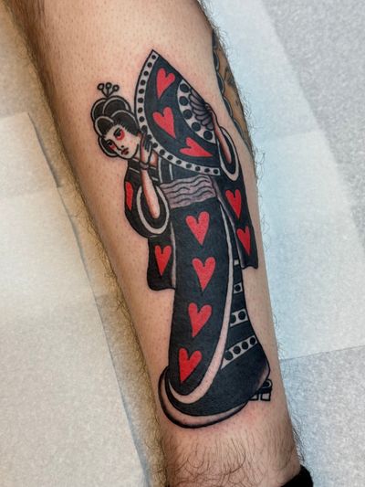 Experience the beauty of Japanese culture with this stunning traditional geisha tattoo by the talented artist Jakob Isaac.