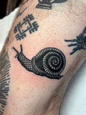 Get a unique illustrative snail tattoo with a traditional twist by the talented artist Jakob Isaac.