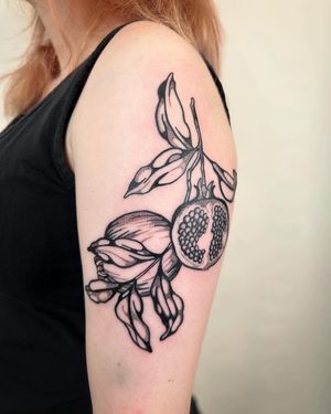 Beautiful illustrative tattoo of a pomegranate with intricate botanical details, created by Jack Howard.