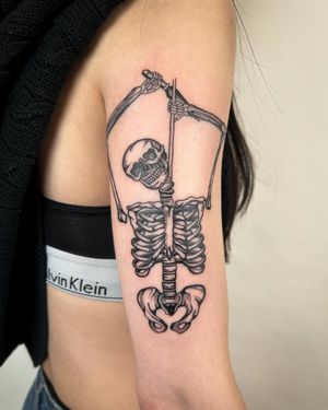 Blackwork tattoo by Jack Howard featuring intricately detailed skeleton design.