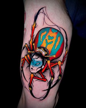 Jorōgumo is a Yōkai. A creature of Japanese folklore. It can shapeshift into a beautiful woman. It lures unsuspecting victims in with her looks and then devours them. Fun right.Tattoo by Nikki Swindle #NikkiSwindle #tattoodo #tattoodoapp #tattoodoappartists #besttattoos #awesometattoos #tattoosforgirls #tattoosformen #cooltattoos #neotraditional #neotradtattoo #Jorogumo #yokai #japanesetattoo