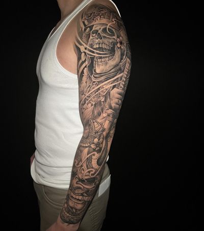 Illustrative tattoo featuring a snake, skull, samurai, and hannya by Justin JP Param.