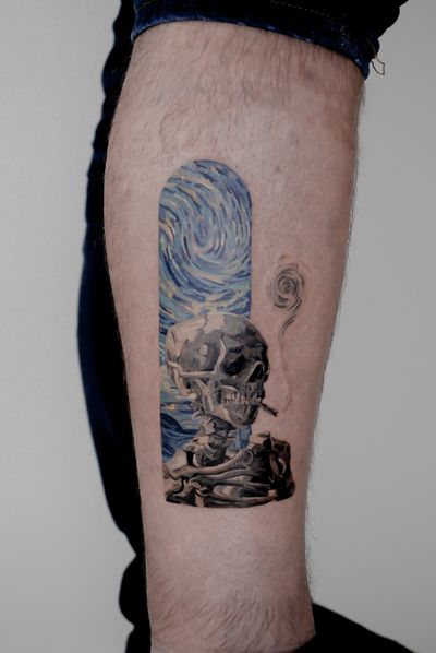 Carolina Feodorov's illustrative tattoo combines the beauty of a starry night with a haunting skeleton in a captivating frame, reminiscent of a painting.