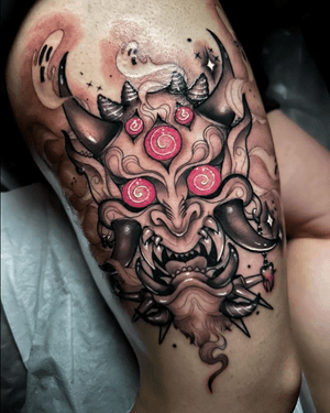 Surreal Oni mask.Tattoo by Nikki Swindle #NikkiSwindle #tattoodo #tattoodoapp #tattoodoappartists #besttattoos #awesometattoos #tattoosforgirls #tattoosformen #cooltattoos #neotraditional #neotradtattoo